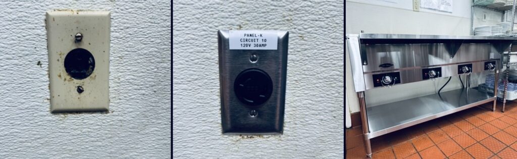 
Commercial kitchen 30 ampere 120v hot steam table upgrade